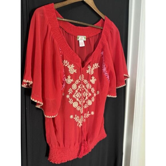 Flying Tomato‎ Shirt Womens S Red Gold Embroidered Tasseled Blouse Boho Folk - Picture 1 of 6